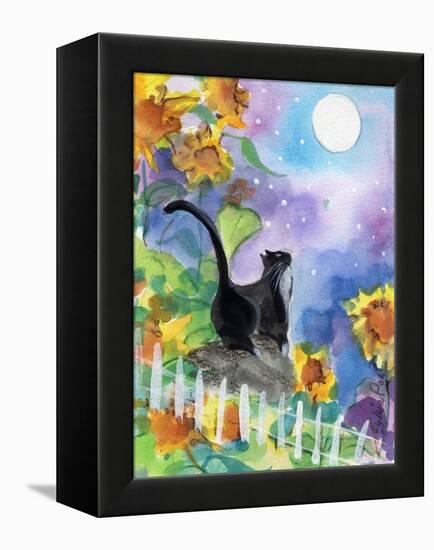 TUXEDO CAT MOONLIGHT SUNFLOWERS-sylvia pimental-Framed Stretched Canvas