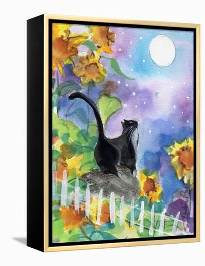 TUXEDO CAT MOONLIGHT SUNFLOWERS-sylvia pimental-Framed Stretched Canvas