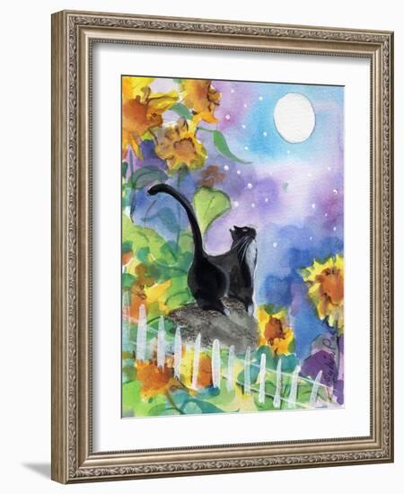 TUXEDO CAT MOONLIGHT SUNFLOWERS-sylvia pimental-Framed Premium Giclee Print