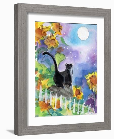 TUXEDO CAT MOONLIGHT SUNFLOWERS-sylvia pimental-Framed Premium Giclee Print