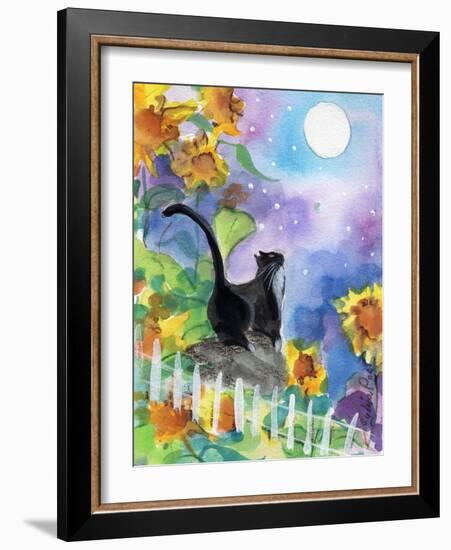 TUXEDO CAT MOONLIGHT SUNFLOWERS-sylvia pimental-Framed Premium Giclee Print