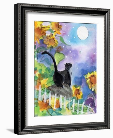 TUXEDO CAT MOONLIGHT SUNFLOWERS-sylvia pimental-Framed Premium Giclee Print