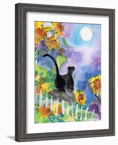 TUXEDO CAT MOONLIGHT SUNFLOWERS-sylvia pimental-Framed Art Print