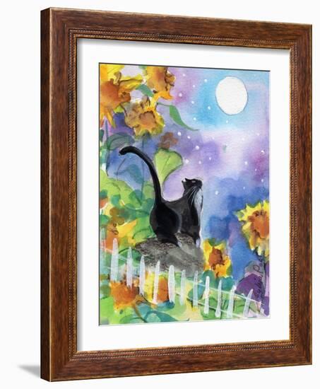 TUXEDO CAT MOONLIGHT SUNFLOWERS-sylvia pimental-Framed Art Print