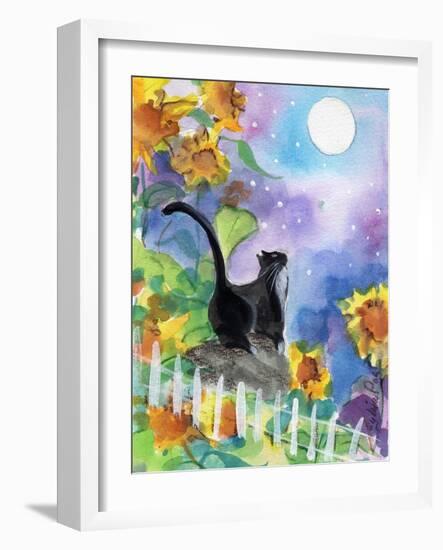 TUXEDO CAT MOONLIGHT SUNFLOWERS-sylvia pimental-Framed Art Print