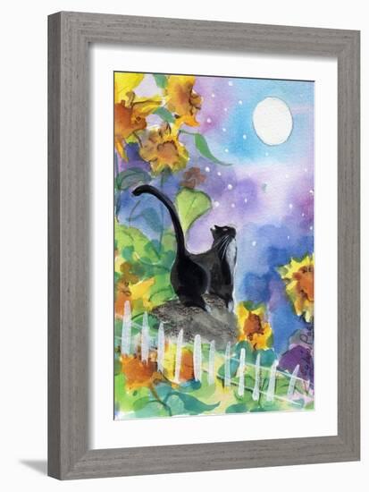 TUXEDO CAT MOONLIGHT SUNFLOWERS-sylvia pimental-Framed Art Print