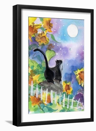 TUXEDO CAT MOONLIGHT SUNFLOWERS-sylvia pimental-Framed Art Print