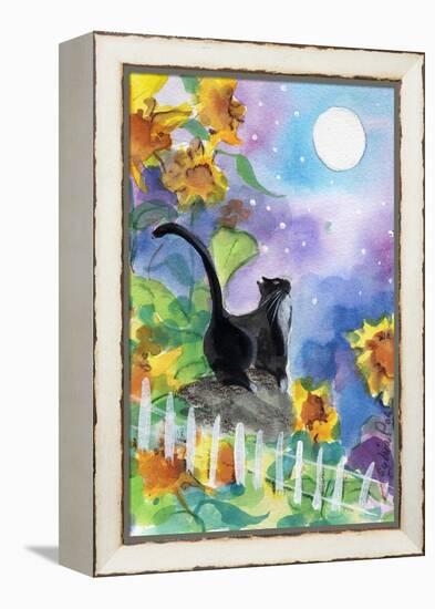 TUXEDO CAT MOONLIGHT SUNFLOWERS-sylvia pimental-Framed Stretched Canvas