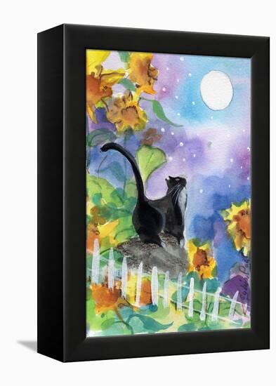 TUXEDO CAT MOONLIGHT SUNFLOWERS-sylvia pimental-Framed Stretched Canvas