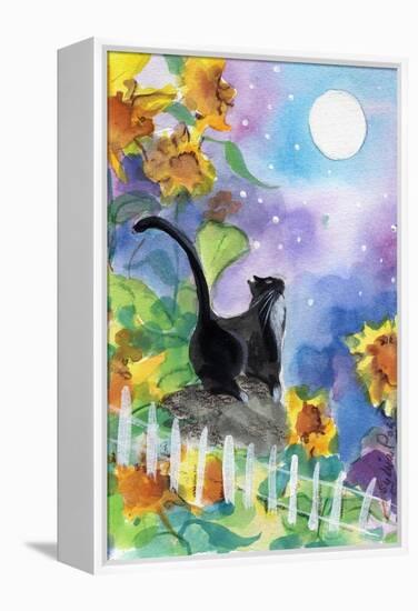 TUXEDO CAT MOONLIGHT SUNFLOWERS-sylvia pimental-Framed Stretched Canvas