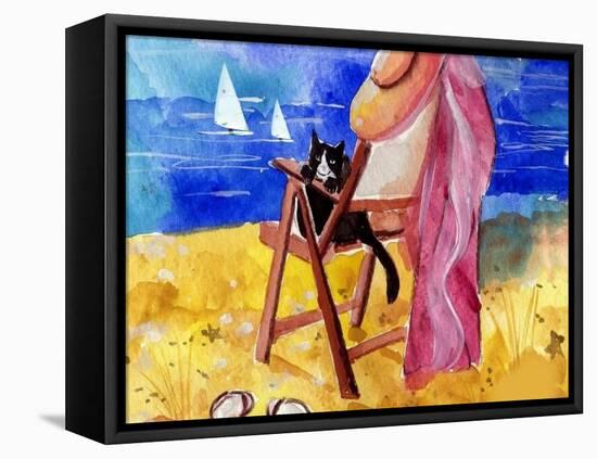 Tuxedo Cat on the Beach-sylvia pimental-Framed Stretched Canvas