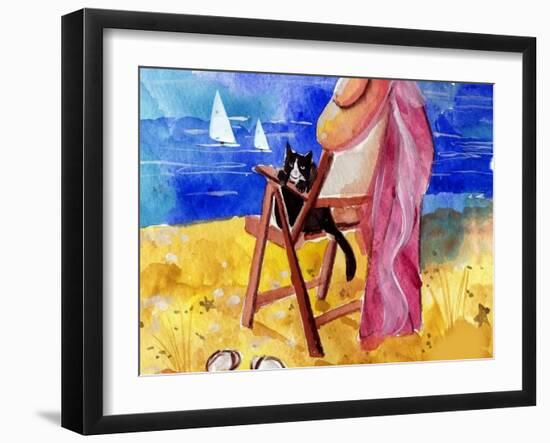 Tuxedo Cat on the Beach-sylvia pimental-Framed Art Print