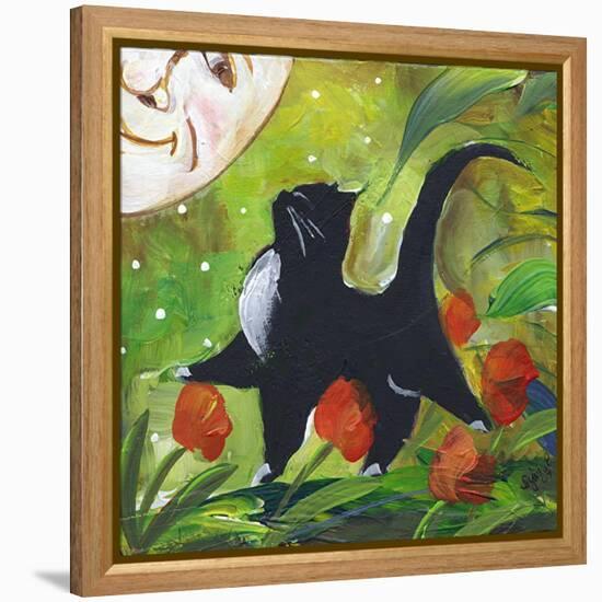 Tuxedo Cat With Moonface & Tulips-sylvia pimental-Framed Stretched Canvas