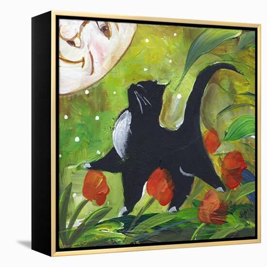 Tuxedo Cat With Moonface & Tulips-sylvia pimental-Framed Stretched Canvas