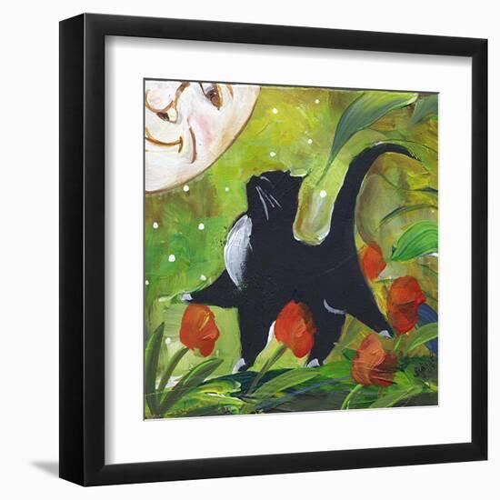 Tuxedo Cat With Moonface & Tulips-sylvia pimental-Framed Art Print