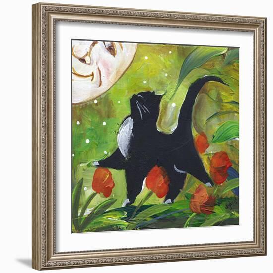 Tuxedo Cat With Moonface & Tulips-sylvia pimental-Framed Art Print