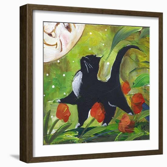 Tuxedo Cat With Moonface & Tulips-sylvia pimental-Framed Art Print