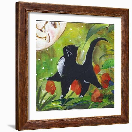 Tuxedo Cat With Moonface & Tulips-sylvia pimental-Framed Art Print