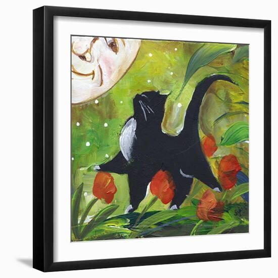 Tuxedo Cat With Moonface & Tulips-sylvia pimental-Framed Art Print