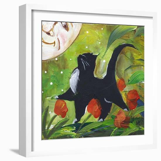 Tuxedo Cat With Moonface & Tulips-sylvia pimental-Framed Art Print