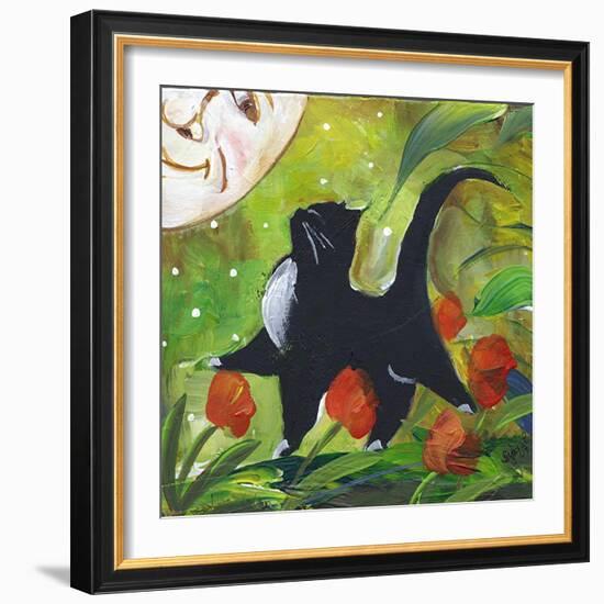 Tuxedo Cat With Moonface & Tulips-sylvia pimental-Framed Art Print
