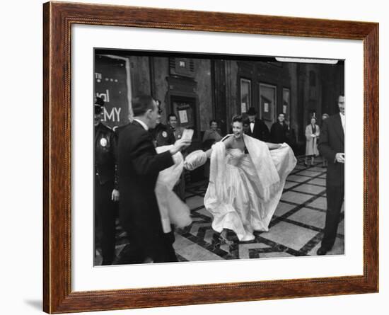 TV Actress Sandra White Laughing with Embarrassment Upon Arriving Late at the Academy Awards-Loomis Dean-Framed Premium Photographic Print