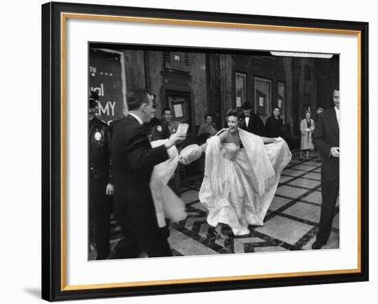 TV Actress Sandra White Laughing with Embarrassment Upon Arriving Late at the Academy Awards-Loomis Dean-Framed Premium Photographic Print