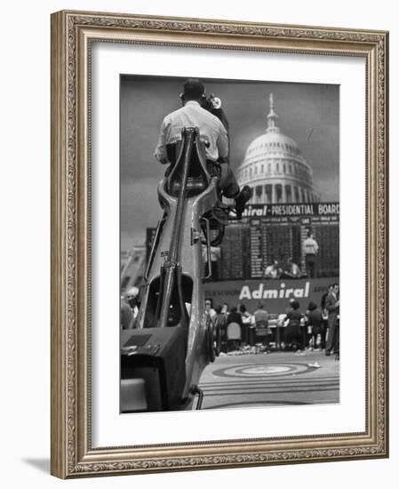 TV Camera Unit Operating Above Busy Election Eve Newsroom-Al Fenn-Framed Photographic Print