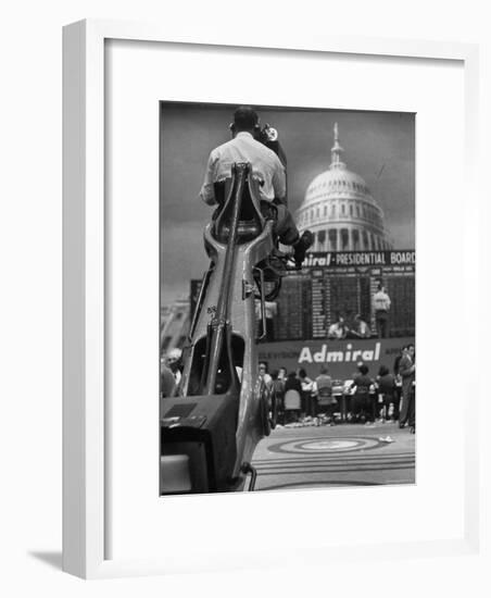 TV Camera Unit Operating Above Busy Election Eve Newsroom-Al Fenn-Framed Photographic Print