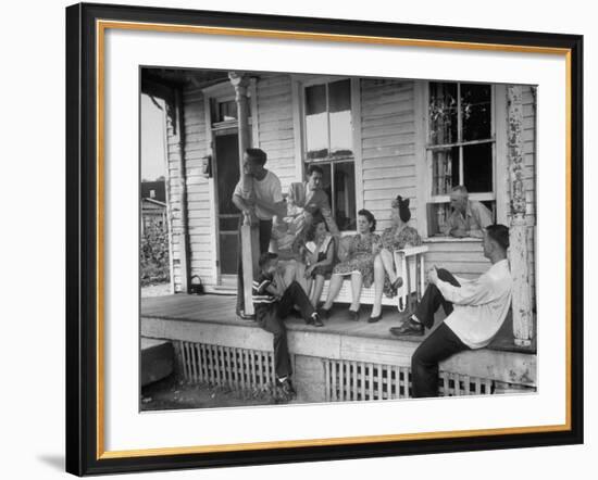 TV Comedienne Dagmar Sitting on Front Porch of Her Parent's Home During Visit to Home Town-Alfred Eisenstaedt-Framed Premium Photographic Print