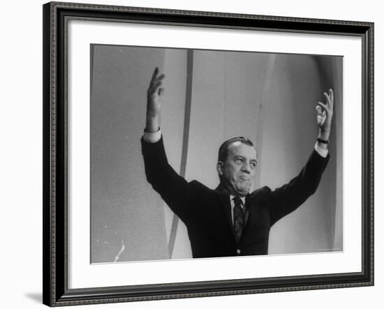 TV Emcee Ed Sullivan Holding His Arms Up, During 20th Anniversary Show-Arthur Schatz-Framed Premium Photographic Print