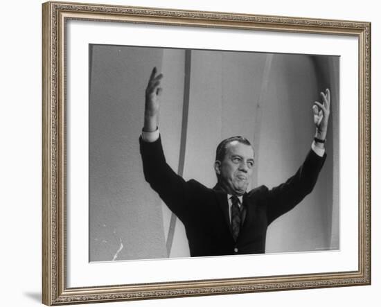 TV Emcee Ed Sullivan Holding His Arms Up, During 20th Anniversary Show-Arthur Schatz-Framed Premium Photographic Print