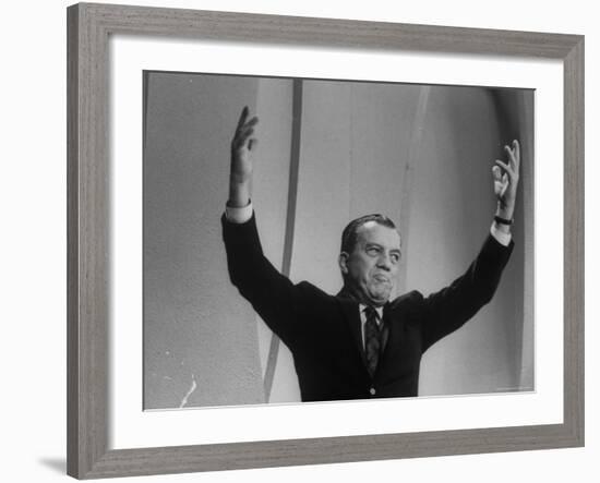 TV Emcee Ed Sullivan Holding His Arms Up, During 20th Anniversary Show-Arthur Schatz-Framed Premium Photographic Print