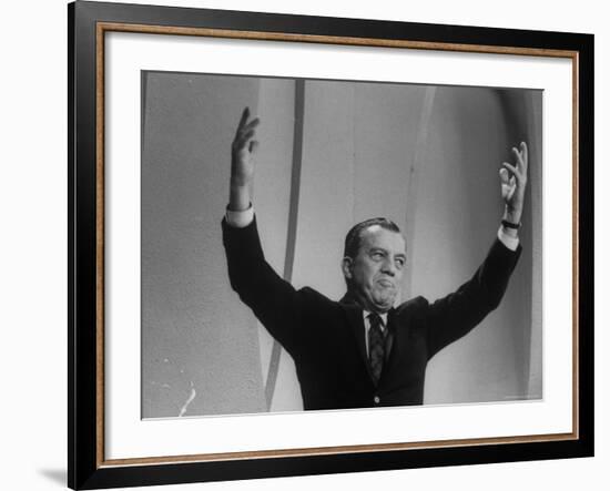 TV Emcee Ed Sullivan Holding His Arms Up, During 20th Anniversary Show-Arthur Schatz-Framed Premium Photographic Print