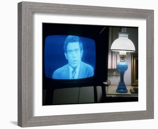 TV Image of Cbs Newscaster Dan Rather Giving Analysis of Pres. Nixon's Resignation Speech-Gjon Mili-Framed Photographic Print