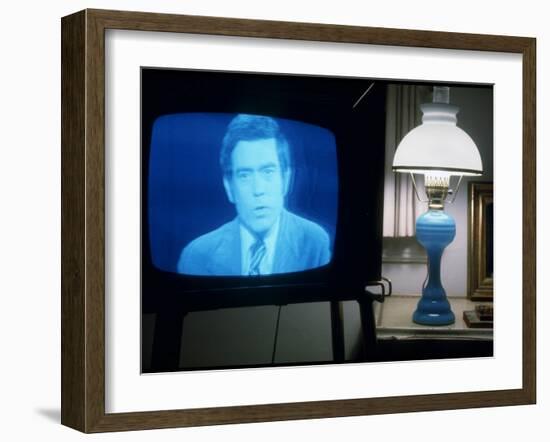 TV Image of Cbs Newscaster Dan Rather Giving Analysis of Pres. Nixon's Resignation Speech-Gjon Mili-Framed Photographic Print