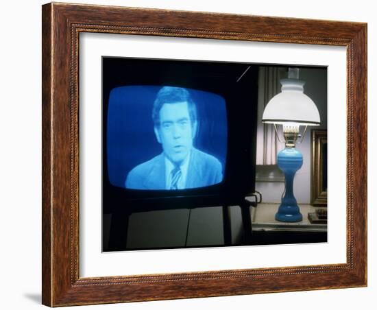 TV Image of Cbs Newscaster Dan Rather Giving Analysis of Pres. Nixon's Resignation Speech-Gjon Mili-Framed Photographic Print