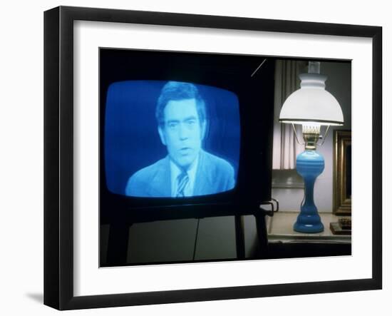 TV Image of Cbs Newscaster Dan Rather Giving Analysis of Pres. Nixon's Resignation Speech-Gjon Mili-Framed Photographic Print