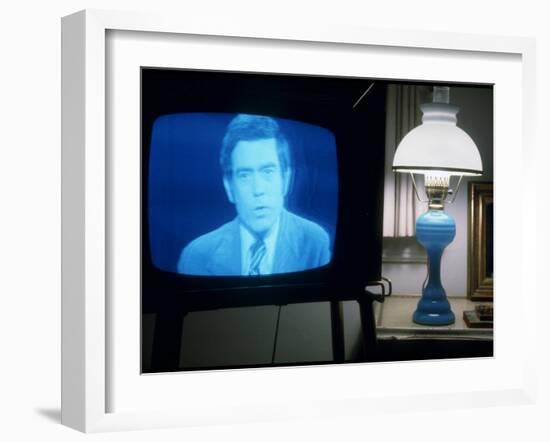 TV Image of Cbs Newscaster Dan Rather Giving Analysis of Pres. Nixon's Resignation Speech-Gjon Mili-Framed Photographic Print