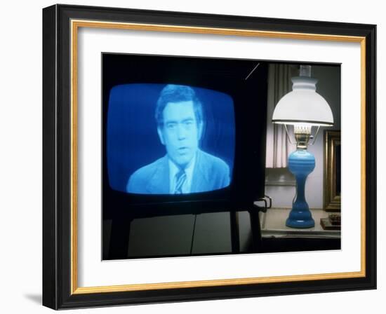 TV Image of Cbs Newscaster Dan Rather Giving Analysis of Pres. Nixon's Resignation Speech-Gjon Mili-Framed Photographic Print