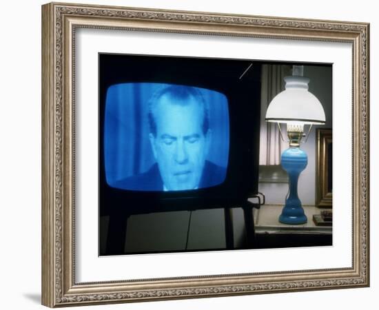 TV Image of Pres. Richard M. Nixon Announcing His Resignation in Speech from the Oval Office-Gjon Mili-Framed Photographic Print