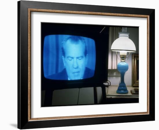 TV Image of Pres. Richard M. Nixon Announcing His Resignation in Speech from the Oval Office-Gjon Mili-Framed Photographic Print