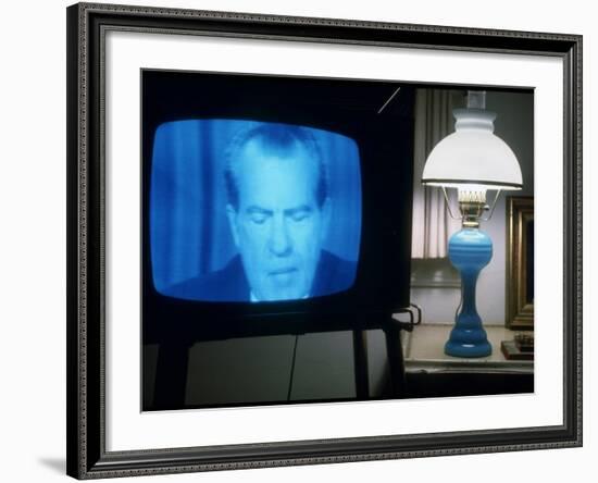 TV Image of Pres. Richard M. Nixon Announcing His Resignation in Speech from the Oval Office-Gjon Mili-Framed Photographic Print