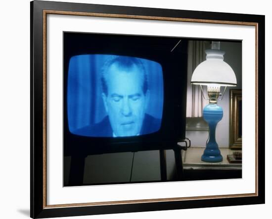 TV Image of Pres. Richard M. Nixon Announcing His Resignation in Speech from the Oval Office-Gjon Mili-Framed Photographic Print