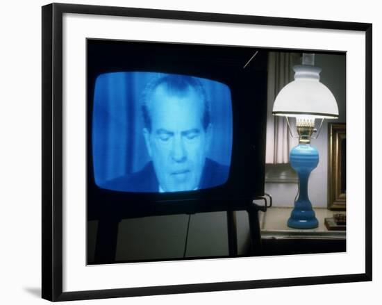 TV Image of Pres. Richard M. Nixon Announcing His Resignation in Speech from the Oval Office-Gjon Mili-Framed Photographic Print