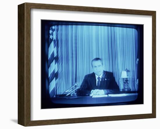 TV Image of Pres. Richard M. Nixon Announcing His Resignation in Speech from the Oval Office-Gjon Mili-Framed Photographic Print