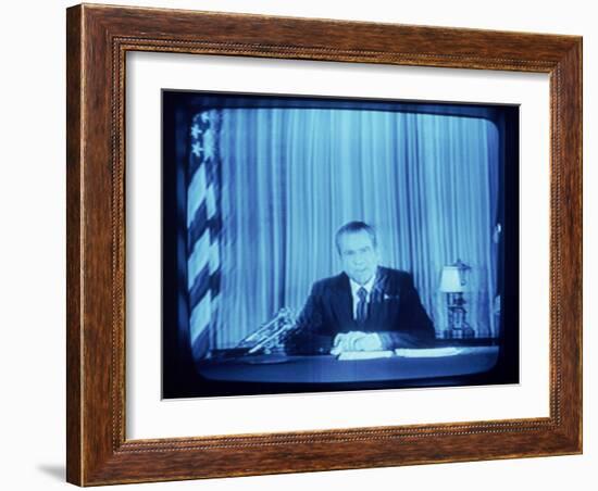 TV Image of Pres. Richard M. Nixon Announcing His Resignation in Speech from the Oval Office-Gjon Mili-Framed Photographic Print