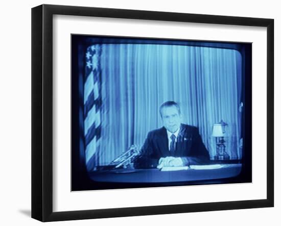 TV Image of Pres. Richard M. Nixon Announcing His Resignation in Speech from the Oval Office-Gjon Mili-Framed Photographic Print