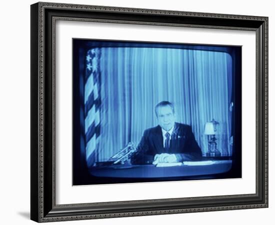 TV Image of Pres. Richard M. Nixon Announcing His Resignation in Speech from the Oval Office-Gjon Mili-Framed Photographic Print