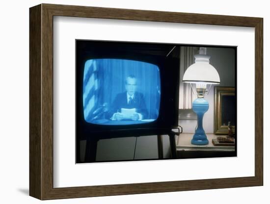 TV Image of President Richard M. Nixon Announcing His Resignation in Speech from the Oval Office-Gjon Mili-Framed Photographic Print